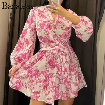 bazaleas store traf 2023 Женские платья с розовым цветочным принтом и Vобразным вырезом, женские мини-платья, летнее сексуальное вечернее платье, официальное оформление