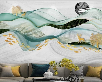 beibehang Индивидуальные современные обои в новом китайском стиле с абстрактными геометрическими золотыми линиями на фоне телевизора с изображением горного пика лося