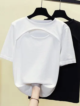 M-4XL, Летняя Тонкая Вязаная футболка Большого размера, Топ 2023, Сексуальная Открытая Однотонная Базовая Женская Свитер Оверсайз, Пуловер, Mujer, Белый
