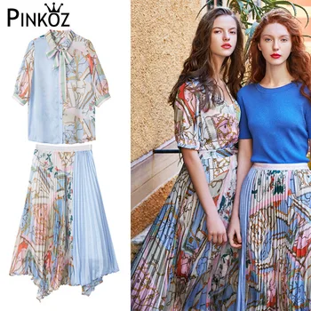 Pinkoz летний классический комплект из двух предметов с принтом, женская рубашка с коротким рукавом и воротником-бантом, блузка, женская миди плиссированная асимметричная юбка