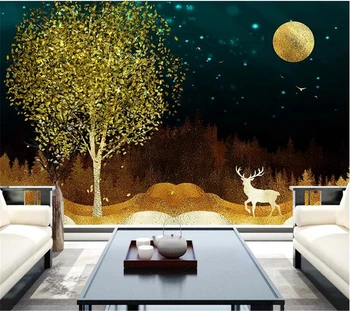 wellyu Пользовательские обои papel de parede, новые китайские абстрактные золотые деревья удачи, лось, пейзажный фон, украшение стен 3d