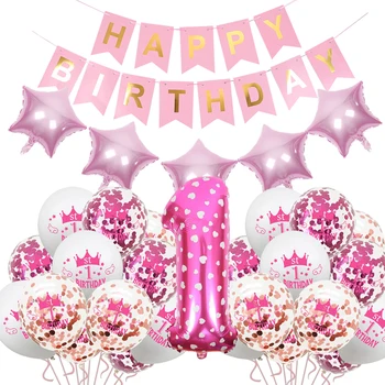 ZLJQ Мои 1-е воздушные шары на первый день рождения, Розовый Синий баннер, номер воздушного шара с конфетти, декор для вечеринки по случаю дня рождения для маленьких девочек и мальчиков на один год
