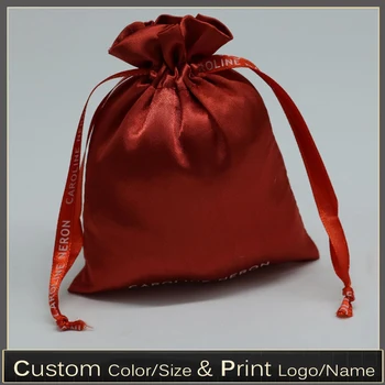 Атласная упаковочная сумка с логотипом на заказ, одежда для волос, домашнее хранение ювелирных изделий, бусины, упаковочная сумка, красный 50 шт./лот
