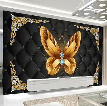 Изготовленная на заказ 3D настенная роспись в европейском стиле, золотые украшения с бабочками, черные мягкие рулонные обои, обои для гостиной, спальни