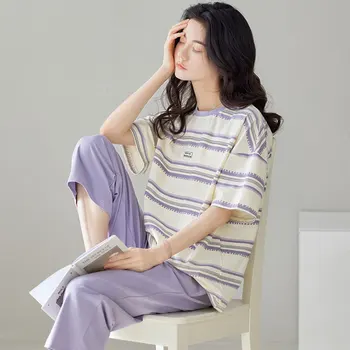 Корейская версия фиолетового полосатого женского пижамного костюма С коротким рукавом, фиолетовые брюки, повседневная пижама с круглым вырезом и принтом