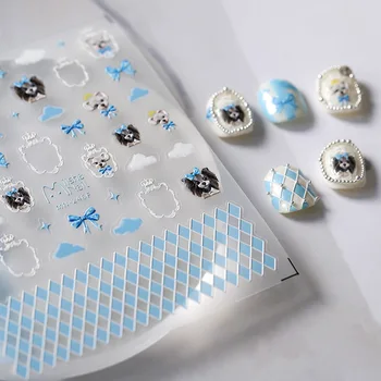 Мечтательный милый щенок, светло-голубой Клетчатый узор с бантом, 5D Мягкая рельефная самоклеящаяся наклейка для дизайна ногтей, 3D Наклейки для маникюра