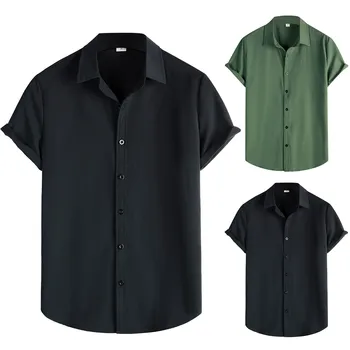 Однотонная мужская рубашка, летняя модная блузка с коротким рукавом из полиэстера, хлопка, мешковатая Свободная повседневная одежда, Повседневная блузка для мужчин, сорочка