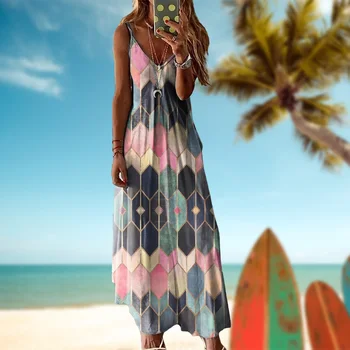 Повседневное женское пляжное длинное платье с V-образным вырезом, модное свободное платье без рукавов с открытой спиной, женские платья с принтом в стиле ретро 2023, летние новинки