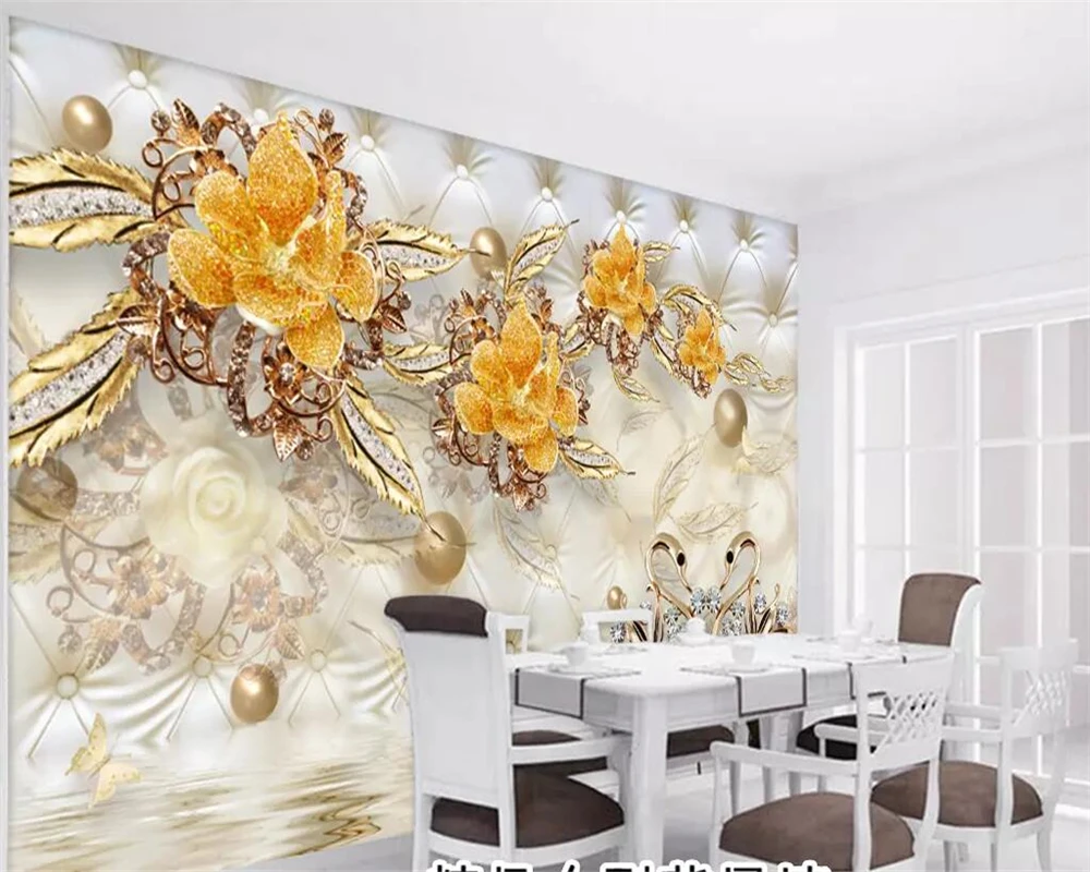 обои на заказ beibehang модная 3D фотообоя роскошные золотые цветы мягкая упаковка мяч ювелирные изделия фон обои 3d фрески