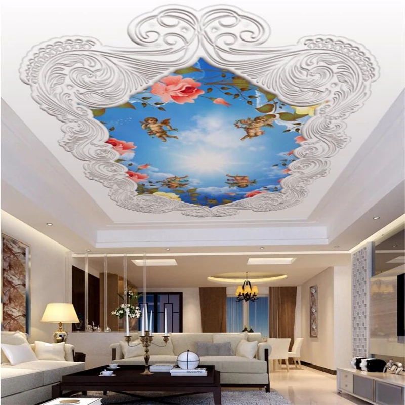 wellyu Пользовательские обои 3d фреска атмосфера изысканный европейский рельефный узор небо ангел потолок крыша papel de parede обои