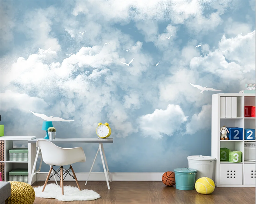 beibehang Индивидуальные новые современные обои для детской комнаты в средиземноморском стиле с голубым небом и белыми облаками в виде чайки