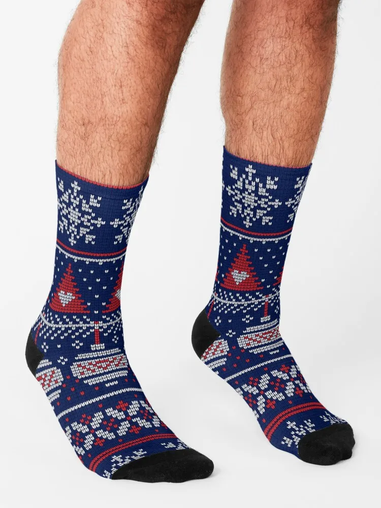 Вязаный рождественский узор с рождественскими елками, хлопьями снега и рождественскими шариками, носки с противоскользящими футбольными носками, дизайнерские носки