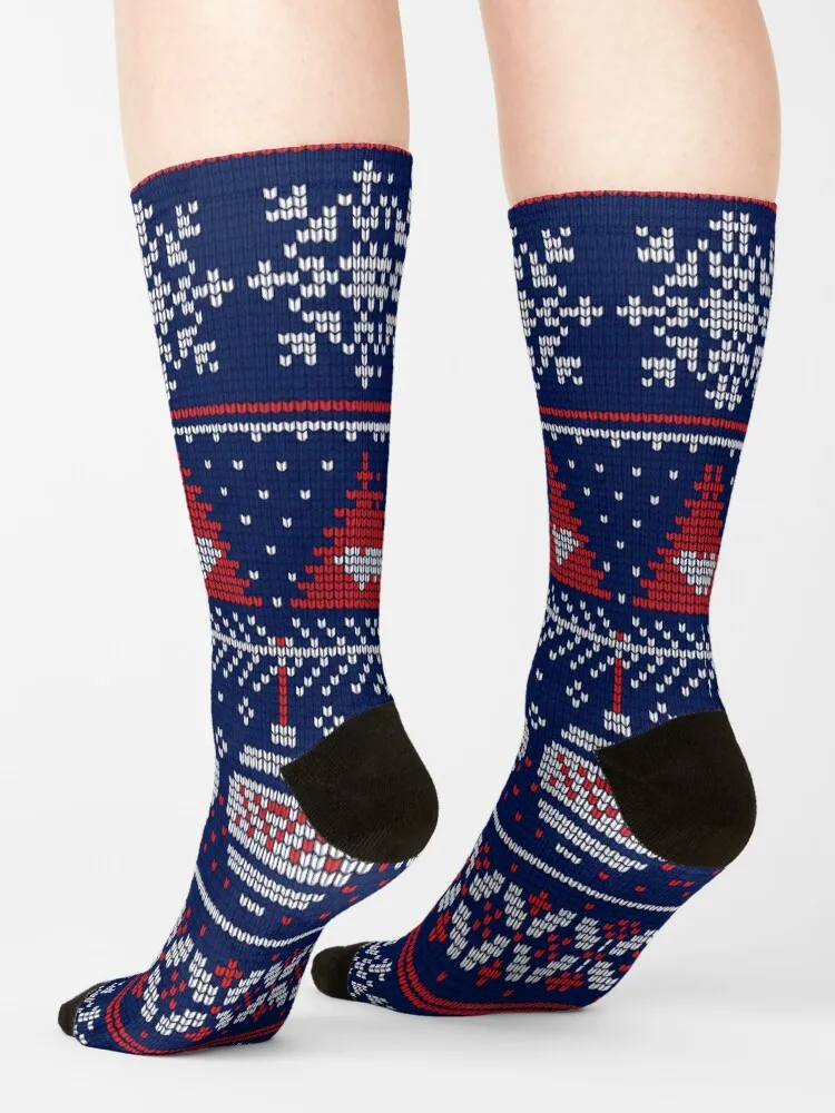 Вязаный рождественский узор с рождественскими елками, хлопьями снега и рождественскими шариками, носки с противоскользящими футбольными носками, дизайнерские носки
