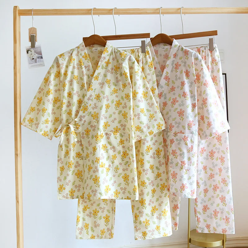 Весенне-летние хлопковые пижамы из тонкого хлопка с цветочным принтом, женское кимоно, халат, пижамы, одежда для дома