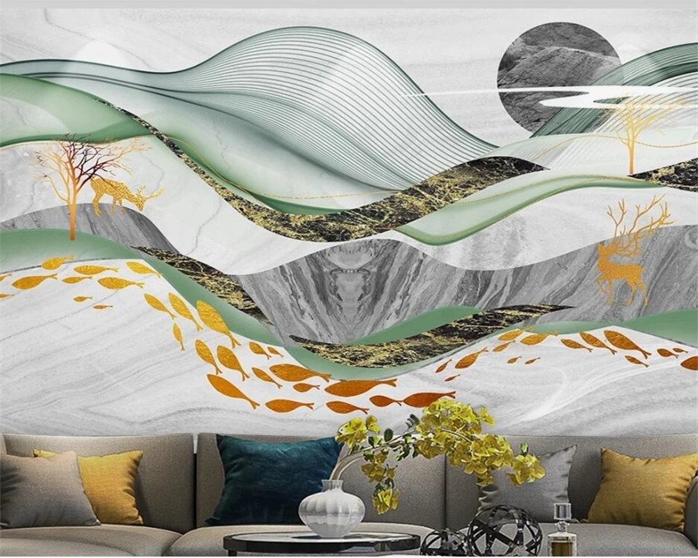 beibehang Индивидуальные современные обои в новом китайском стиле с абстрактными геометрическими золотыми линиями на фоне телевизора с изображением горного пика лося